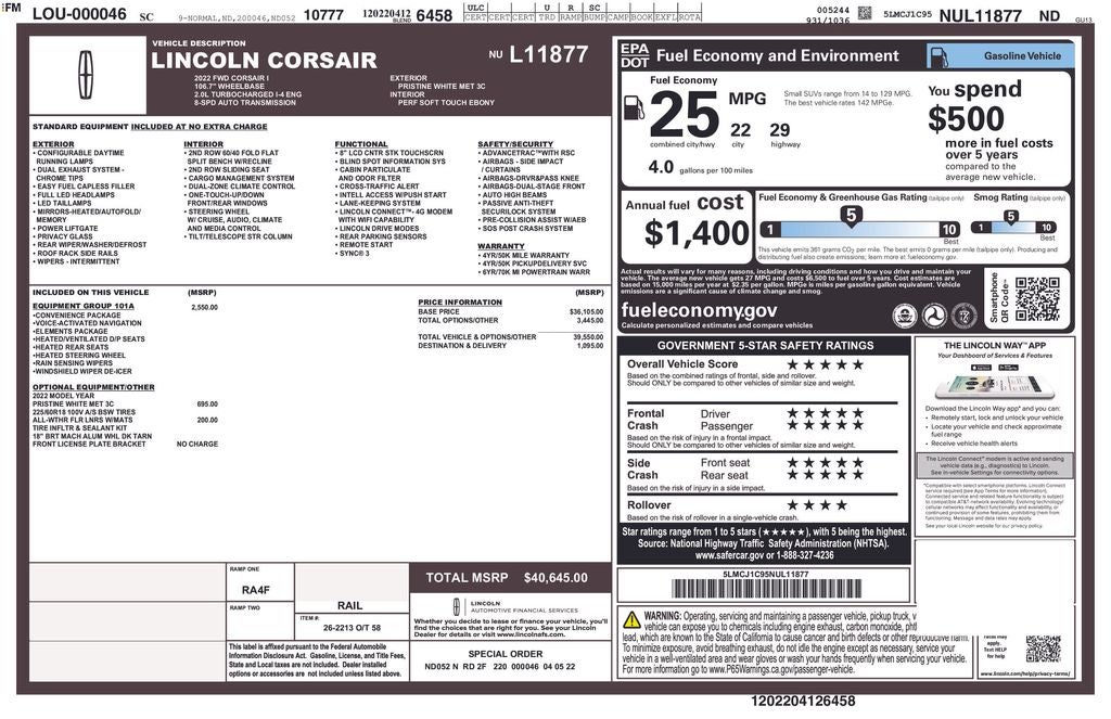 2022 Lincoln Corsair Standard